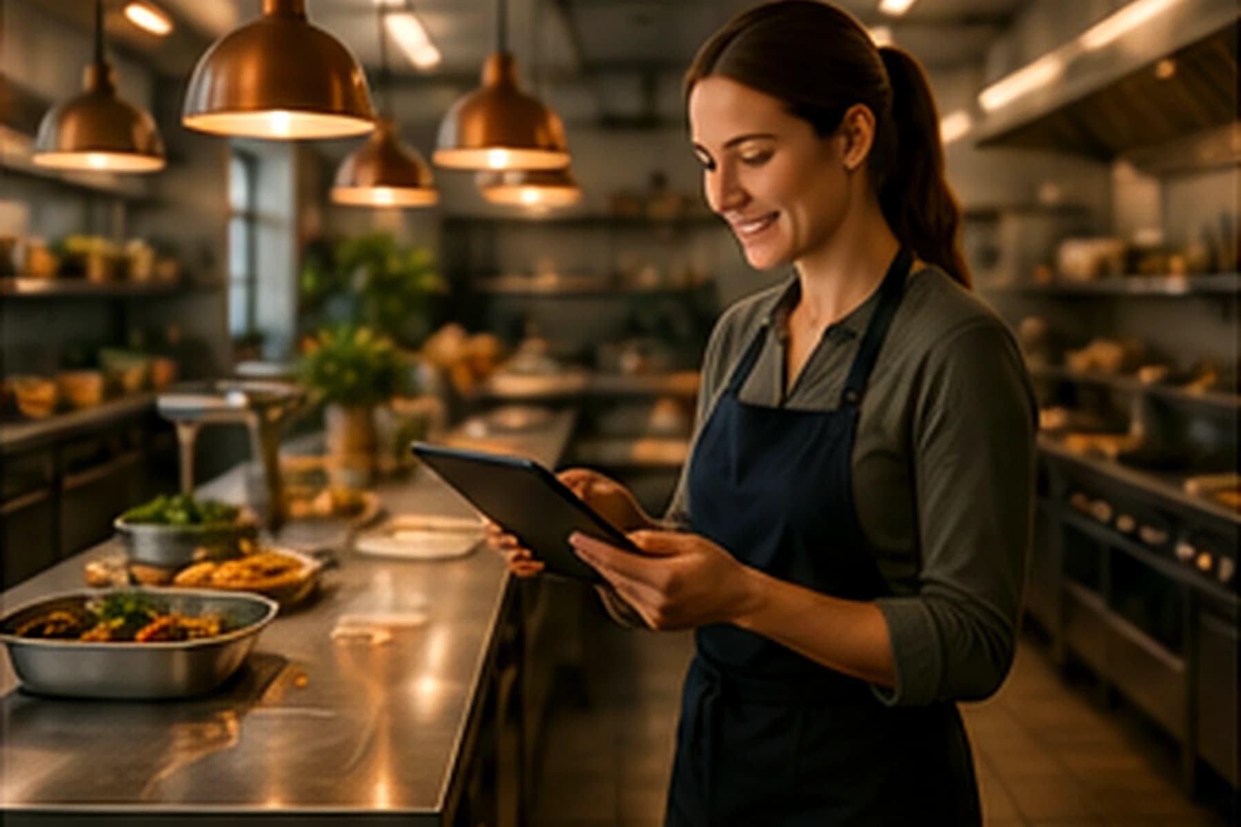 Gestionnaire de restaurant utilisant une tablette dans une cuisine professionnelle