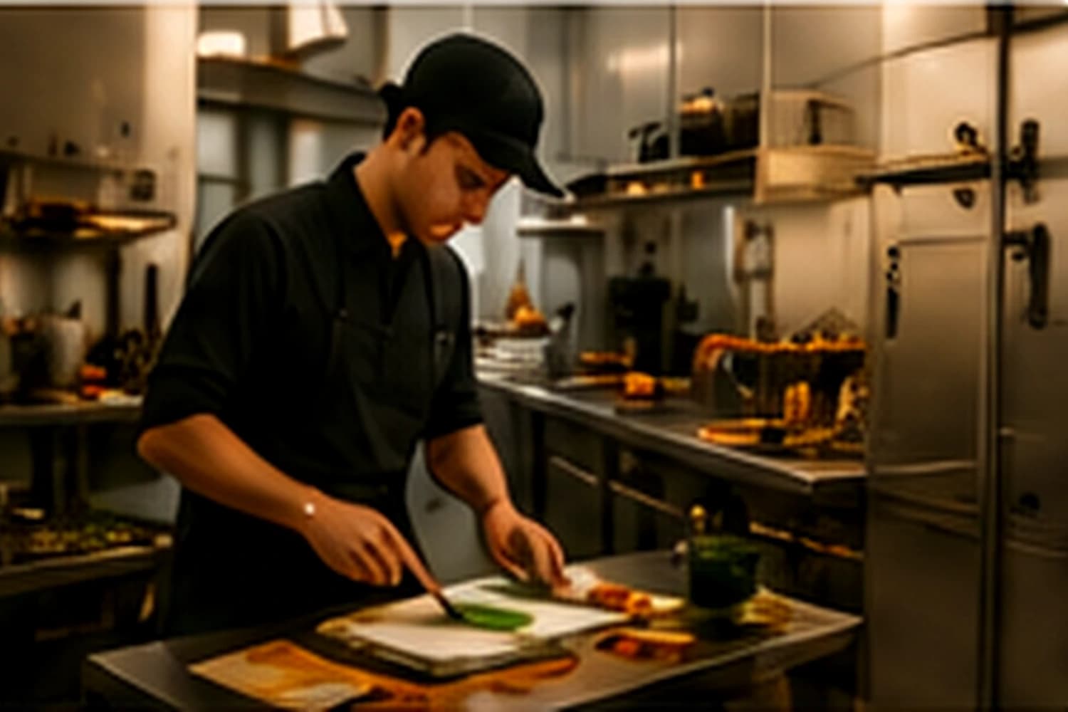 Employé préparant les aliments avant l'ouverture du restaurant